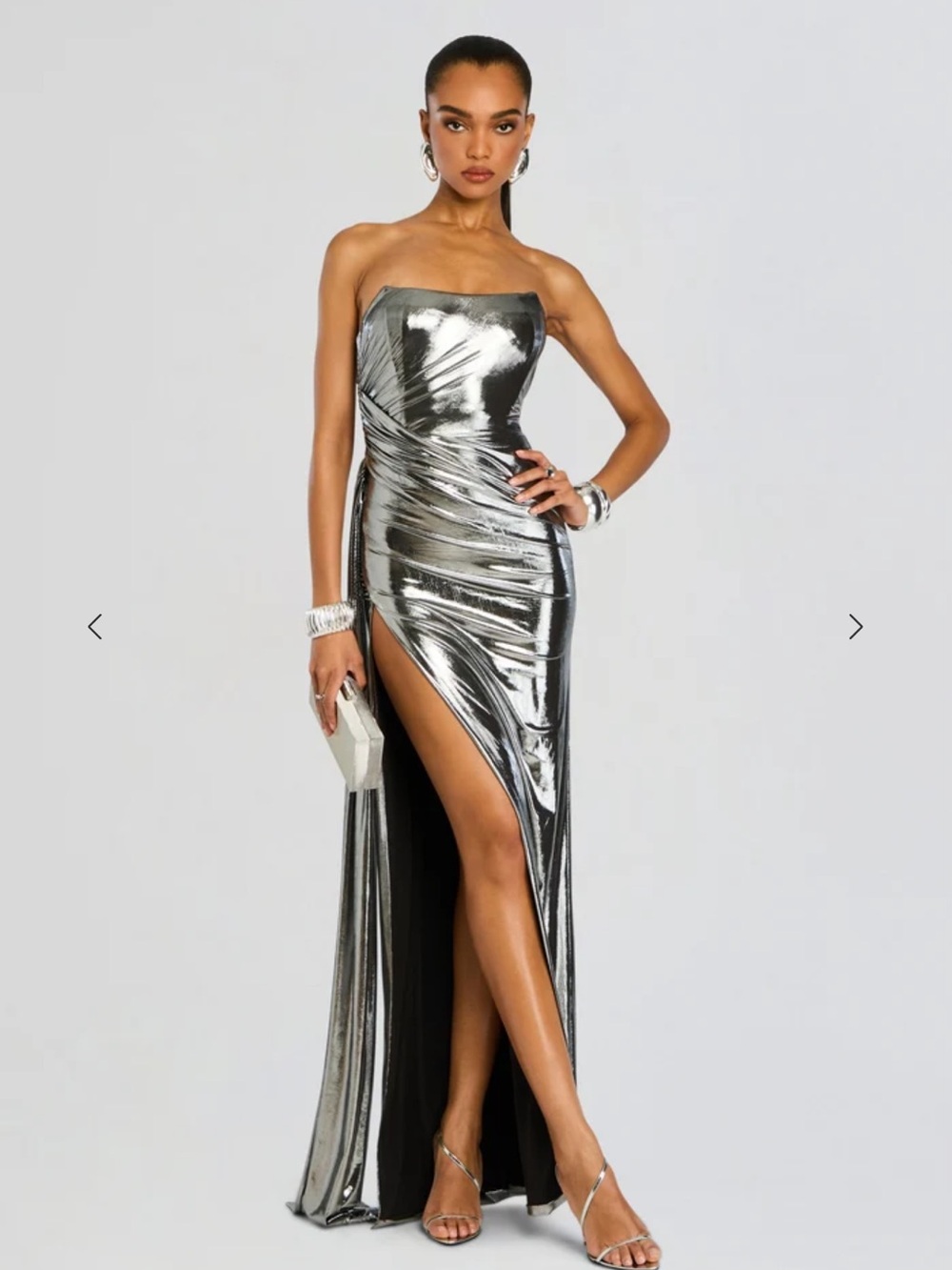 Retrofete Shivani gown in Gunmetal 
Metallic Silver High-Slit Evening